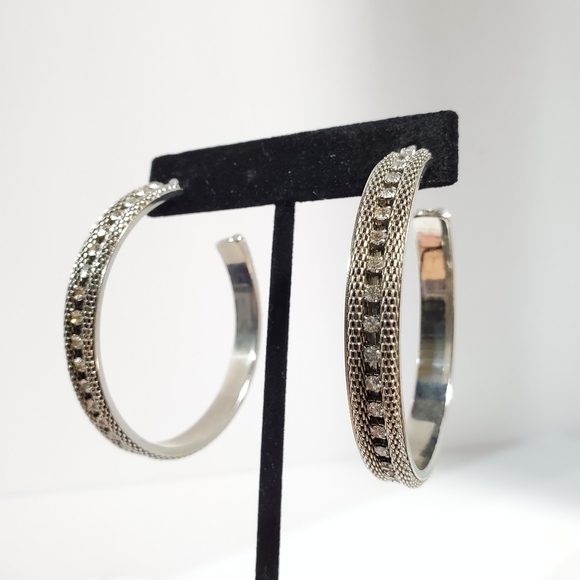 Silvertone large mesh and rhinestones inlay hoop bangle earrings 2" - Picture 9 of 10